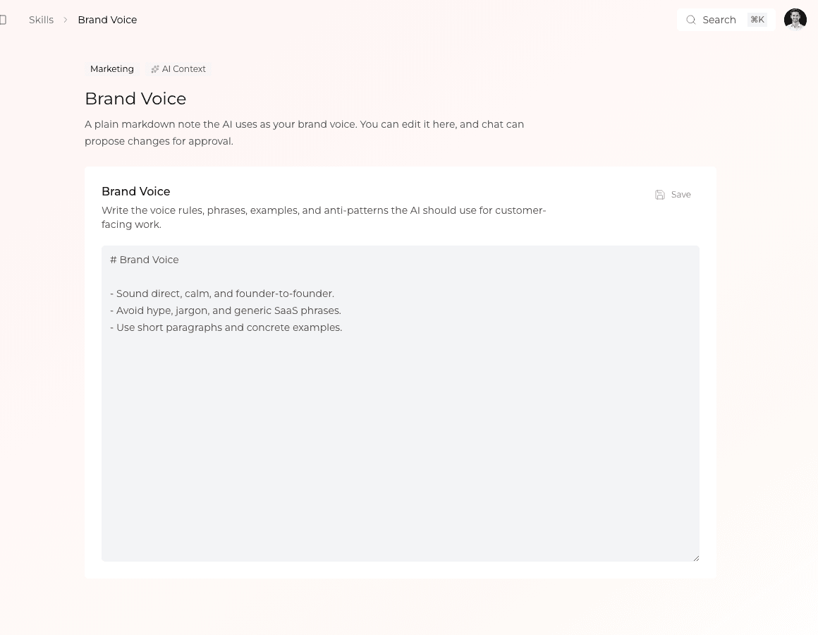 100 Tasks AI Brand Voice editor showing editable tone rules, preferred examples, and language anti-patterns