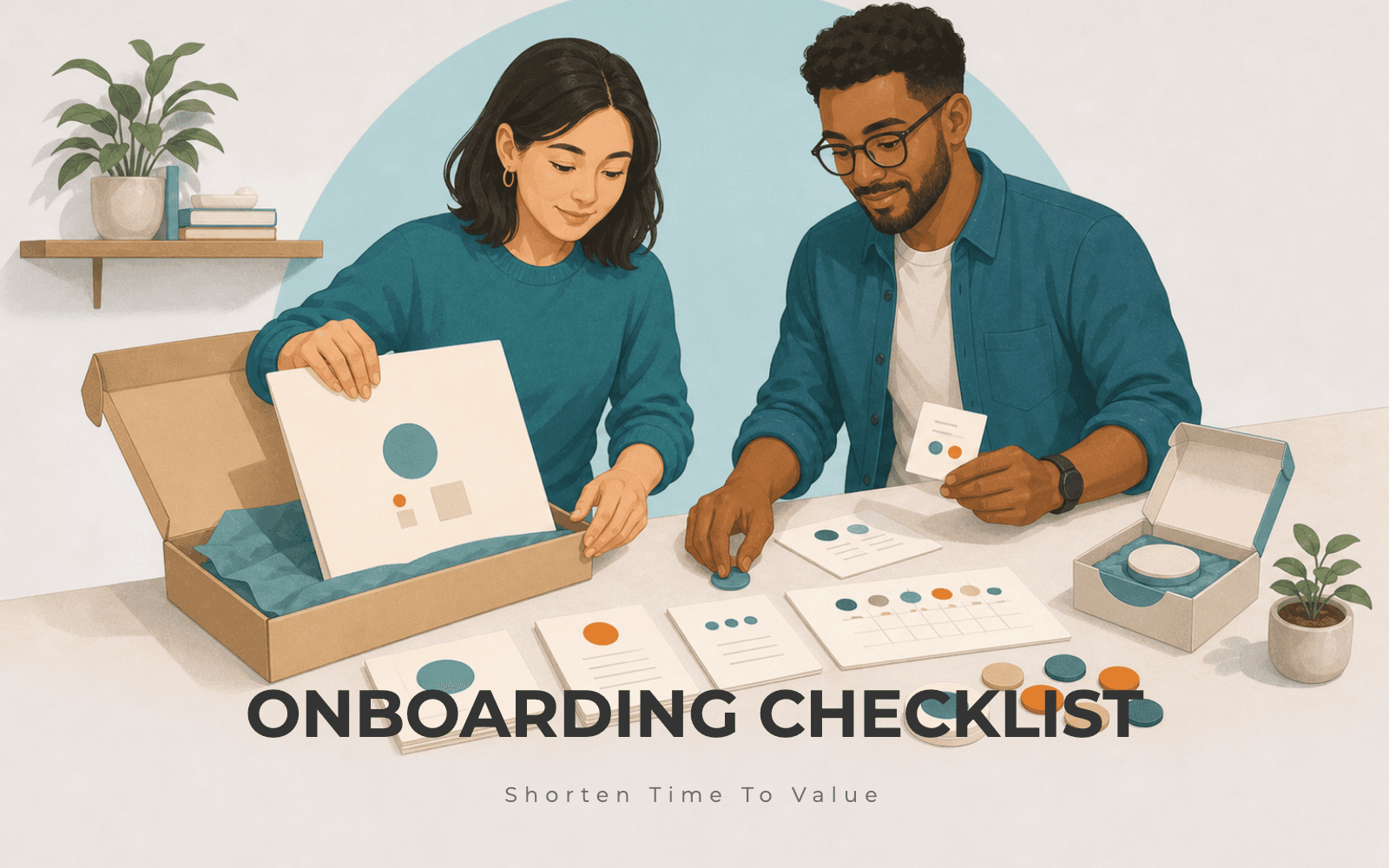 Customer success pair preparing an onboarding kit with a welcome folder, setup cards, and milestone tokens
